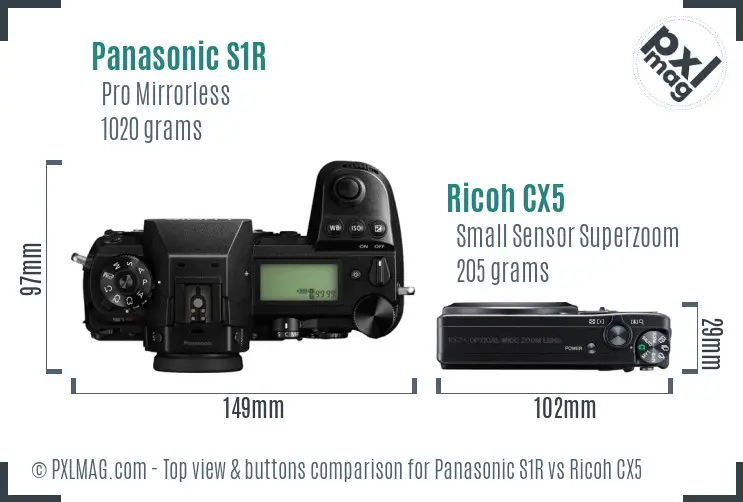 Panasonic S1R vs Ricoh CX5 top view buttons comparison