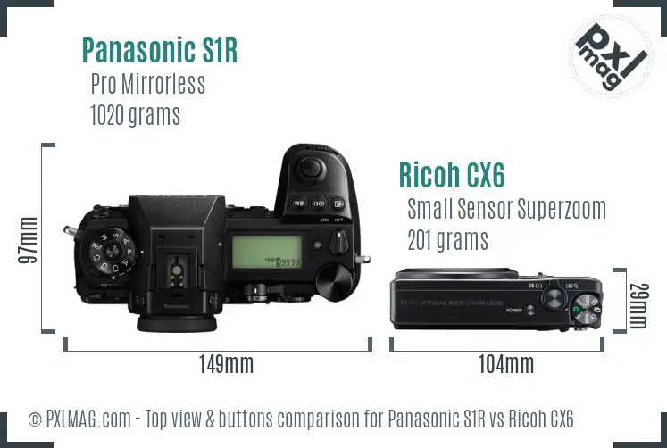 Panasonic S1R vs Ricoh CX6 top view buttons comparison