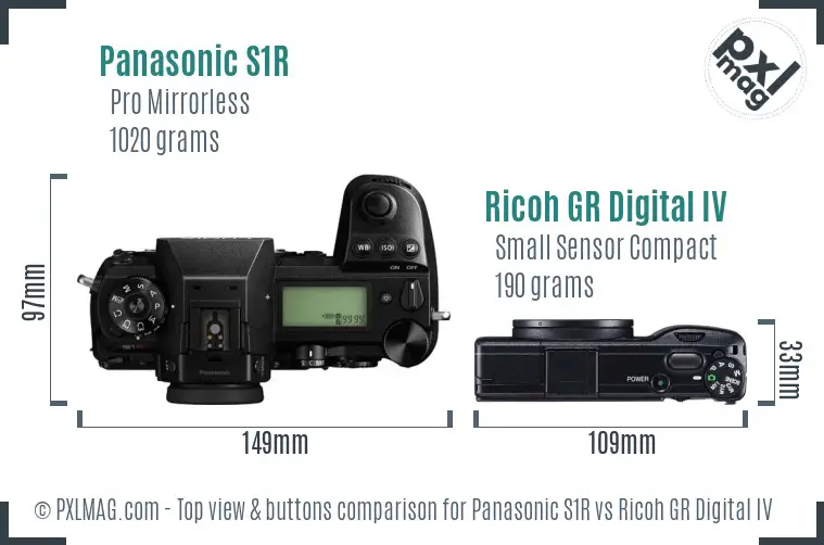Panasonic S1R vs Ricoh GR Digital IV top view buttons comparison Panasonic S1R vs Ricoh GR Digital IV top view buttons comparison