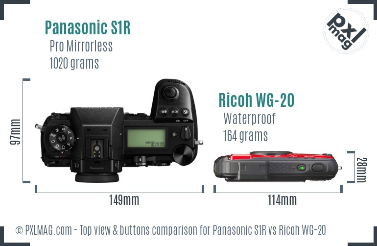 Panasonic S1R vs Ricoh WG-20 top view buttons comparison