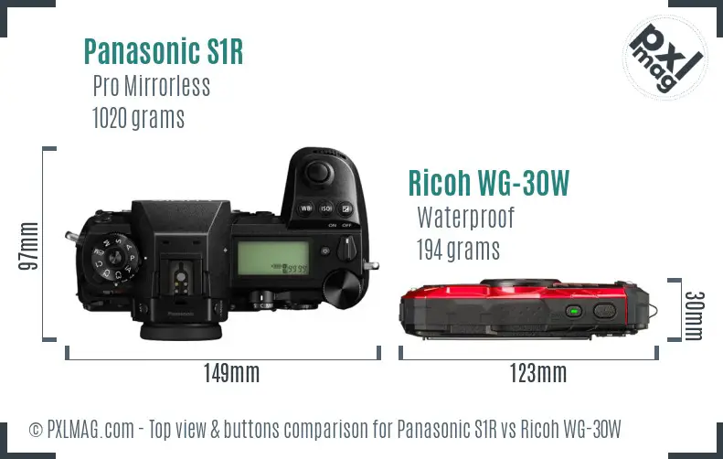 Panasonic S1R vs Ricoh WG-30W top view buttons comparison Panasonic S1R vs Ricoh WG-30W top view buttons comparison