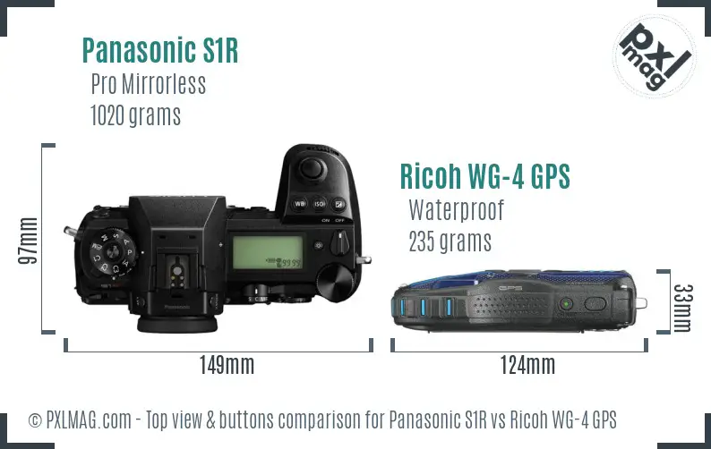 Panasonic S1R vs Ricoh WG-4 GPS top view buttons comparison Panasonic S1R vs Ricoh WG-4 GPS top view buttons comparison