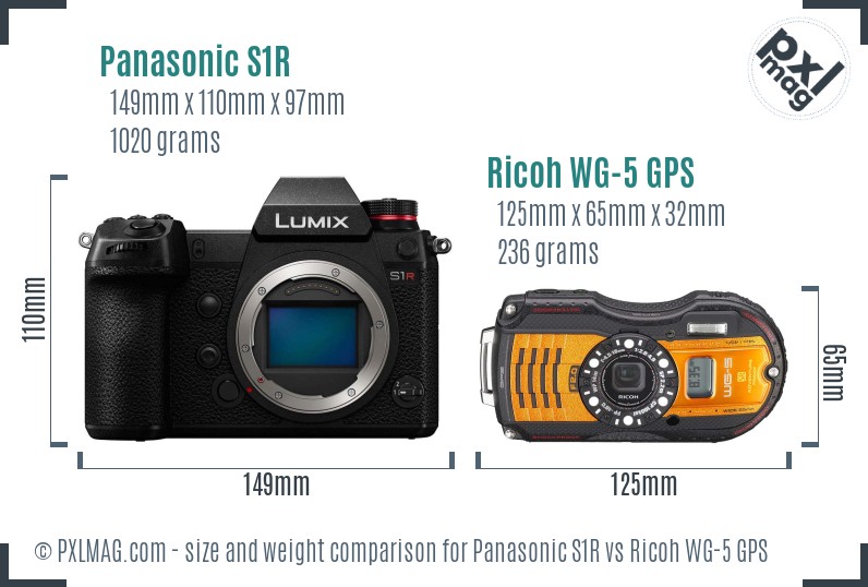 Panasonic S1R vs Ricoh WG-5 GPS size comparison Panasonic S1R vs Ricoh WG-5 GPS size comparison