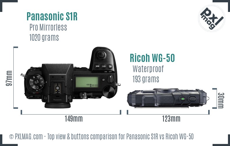 Panasonic S1R vs Ricoh WG-50 top view buttons comparison