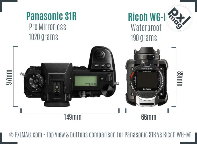 Panasonic S1R vs Ricoh WG-M1 top view buttons comparison