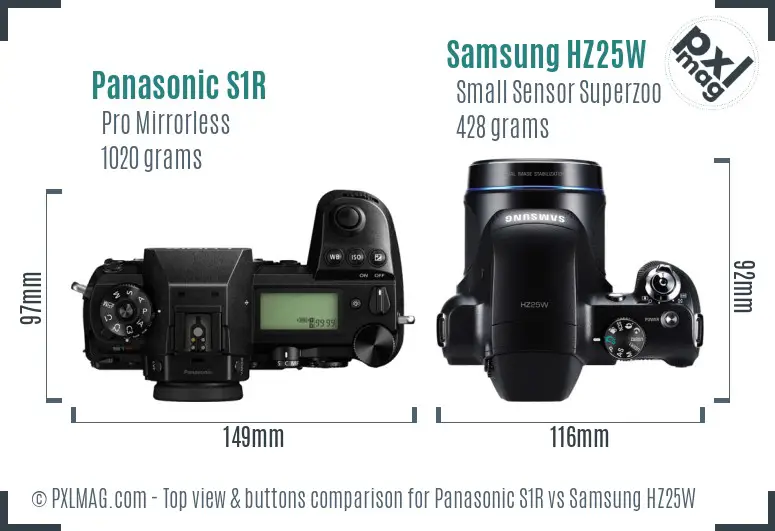 Panasonic S1R vs Samsung HZ25W top view buttons comparison Panasonic S1R vs Samsung HZ25W top view buttons comparison