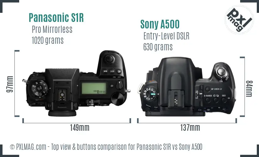 Panasonic S1R vs Sony A500 top view buttons comparison