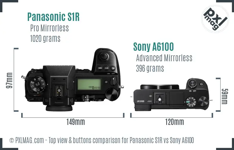 Panasonic S1R vs Sony A6100 top view buttons comparison Panasonic S1R vs Sony A6100 top view buttons comparison