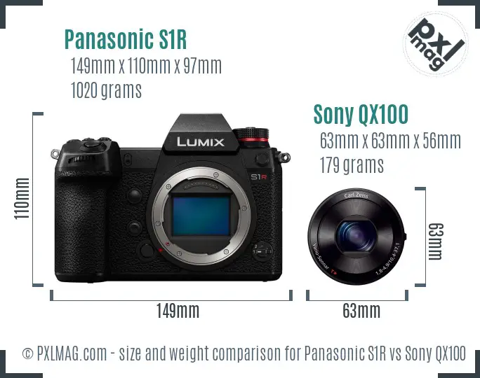 Panasonic S1R vs Sony QX100 size comparison