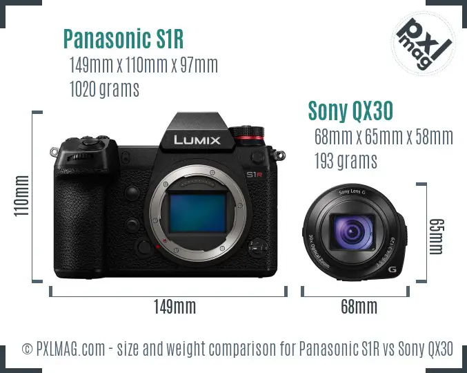 Panasonic S1R vs Sony QX30 size comparison