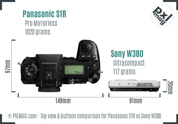 Panasonic S1R vs Sony W380 top view buttons comparison Panasonic S1R vs Sony W380 top view buttons comparison