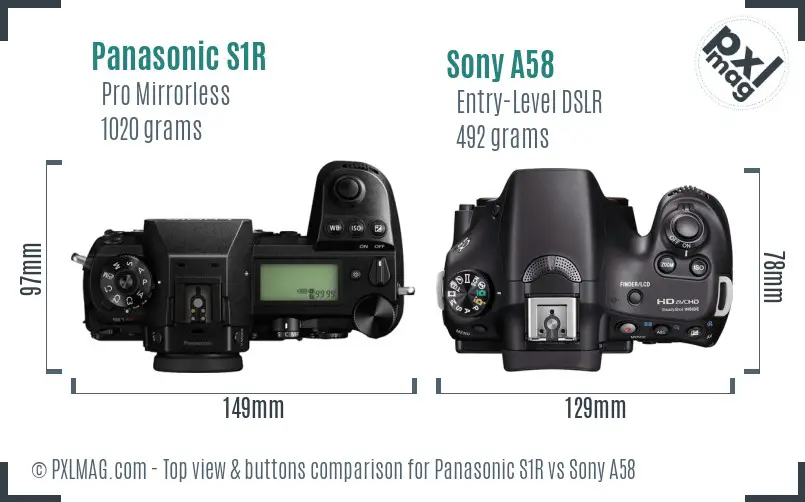 Panasonic S1R vs Sony A58 top view buttons comparison