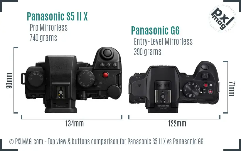 Panasonic S5 II X vs Panasonic G6 top view buttons comparison Panasonic S5 II X vs Panasonic G6 top view buttons comparison
