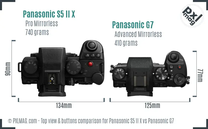 Panasonic S5 II X vs Panasonic G7 top view buttons comparison Panasonic S5 II X vs Panasonic G7 top view buttons comparison