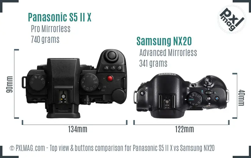 Panasonic S5 II X vs Samsung NX20 top view buttons comparison Panasonic S5 II X vs Samsung NX20 top view buttons comparison