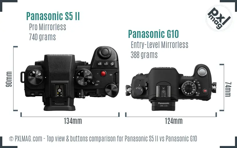 Panasonic S5 II vs Panasonic G10 top view buttons comparison Panasonic S5 II vs Panasonic G10 top view buttons comparison