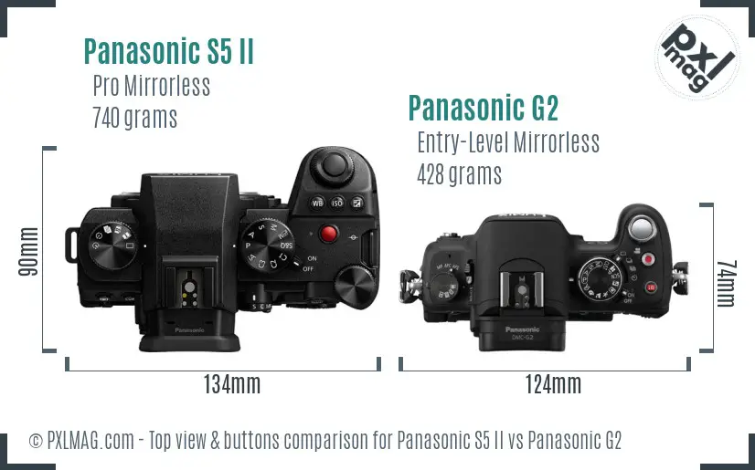 Panasonic S5 II vs Panasonic G2 top view buttons comparison Panasonic S5 II vs Panasonic G2 top view buttons comparison