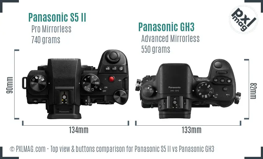 Panasonic S5 II vs Panasonic GH3 top view buttons comparison Panasonic S5 II vs Panasonic GH3 top view buttons comparison