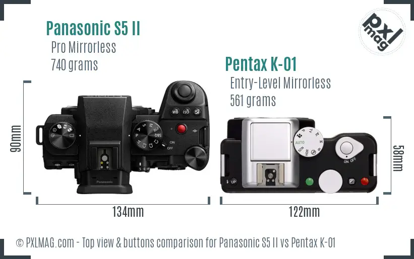 Panasonic S5 II vs Pentax K-01 top view buttons comparison Panasonic S5 II vs Pentax K-01 top view buttons comparison
