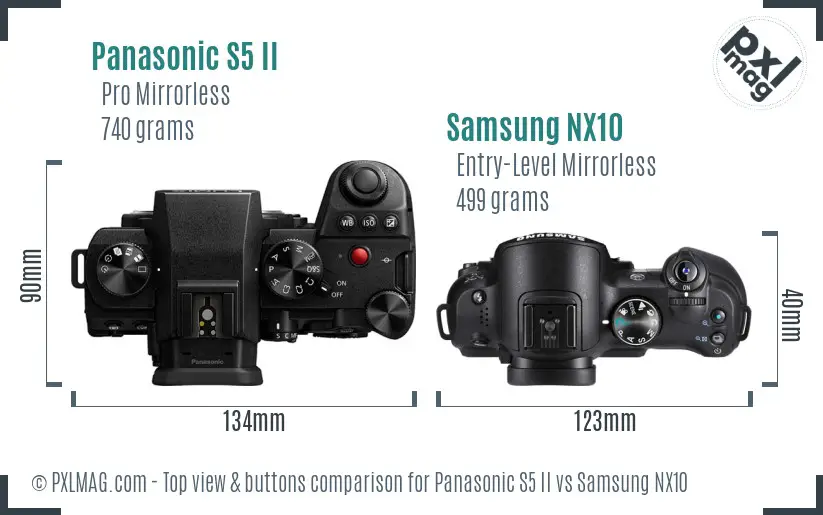 Panasonic S5 II vs Samsung NX10 top view buttons comparison Panasonic S5 II vs Samsung NX10 top view buttons comparison