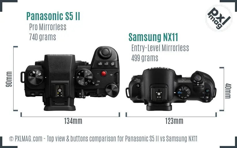 Panasonic S5 II vs Samsung NX11 top view buttons comparison Panasonic S5 II vs Samsung NX11 top view buttons comparison