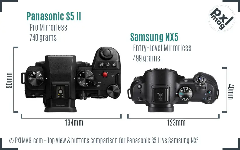 Panasonic S5 II vs Samsung NX5 top view buttons comparison