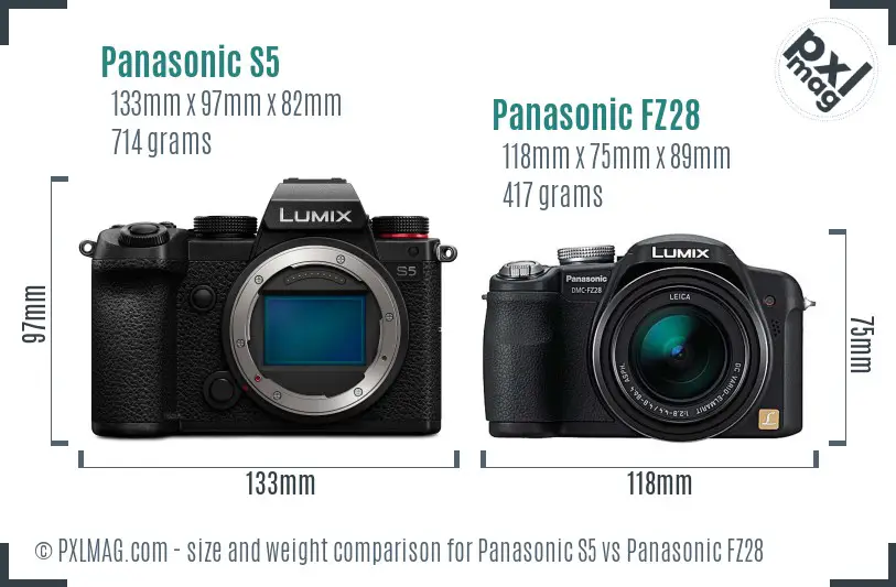Panasonic S5 vs Panasonic FZ28 size comparison