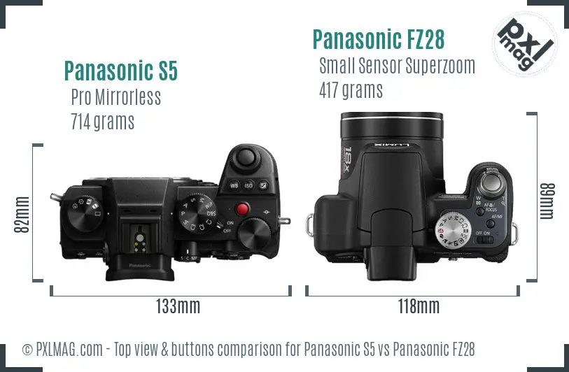Panasonic S5 vs Panasonic FZ28 top view buttons comparison