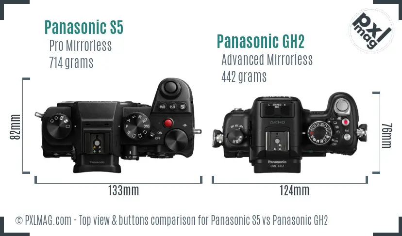 Panasonic S5 vs Panasonic GH2 top view buttons comparison