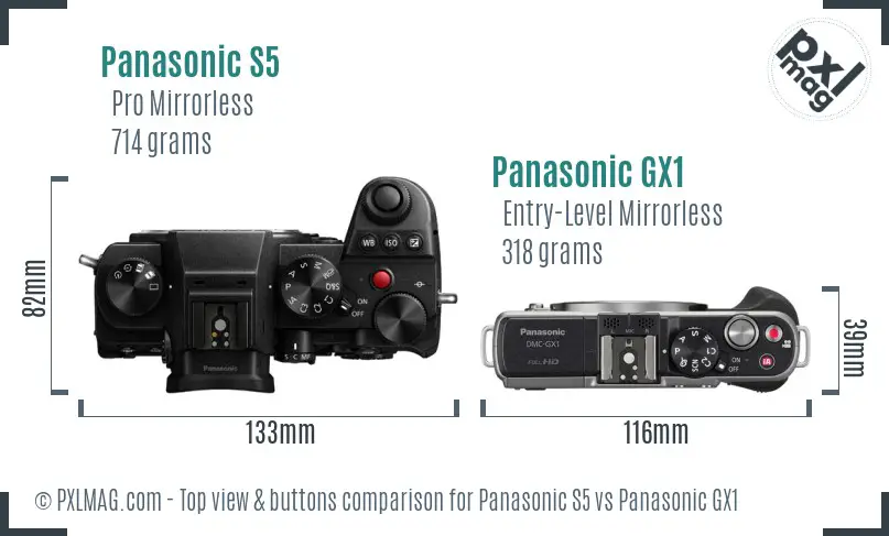 Panasonic S5 vs Panasonic GX1 top view buttons comparison