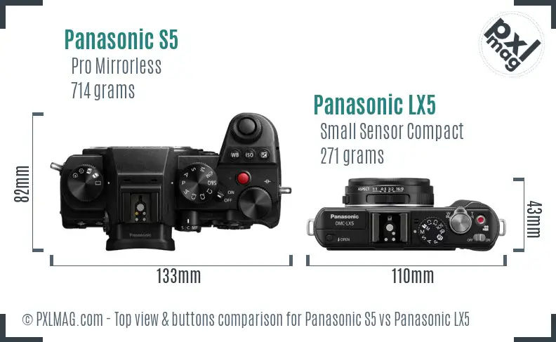 Panasonic S5 vs Panasonic LX5 top view buttons comparison