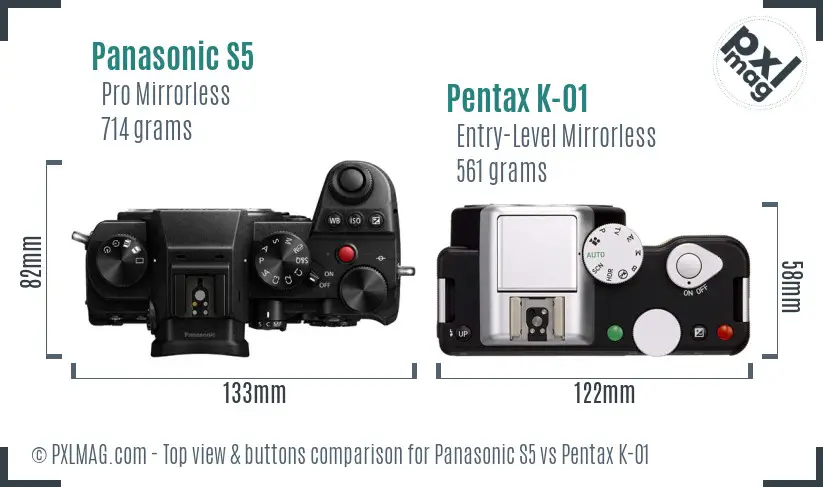 Panasonic S5 vs Pentax K-01 top view buttons comparison