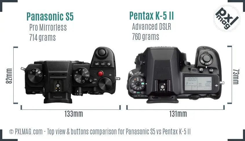 Panasonic S5 vs Pentax K-5 II top view buttons comparison