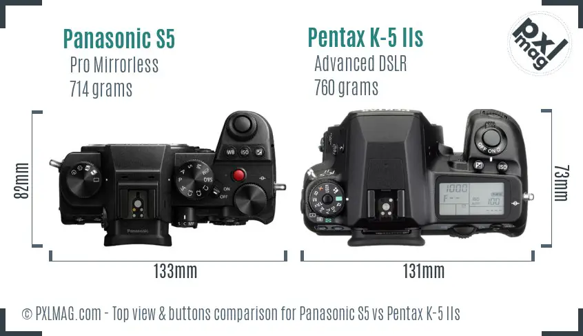 Panasonic S5 vs Pentax K-5 IIs top view buttons comparison