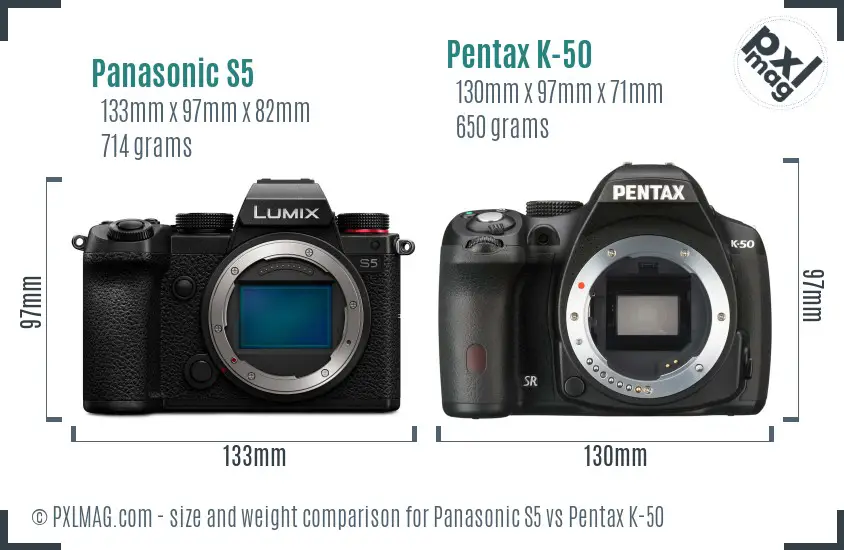 Panasonic S5 vs Pentax K-50 size comparison