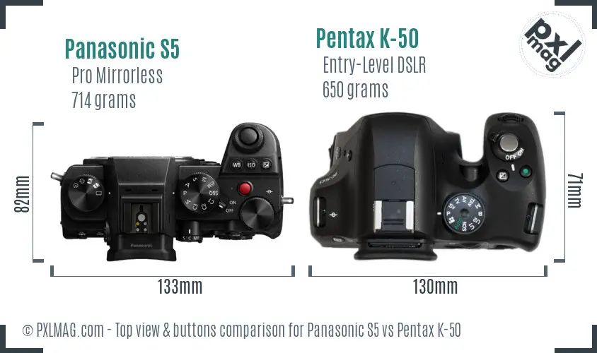 Panasonic S5 vs Pentax K-50 top view buttons comparison