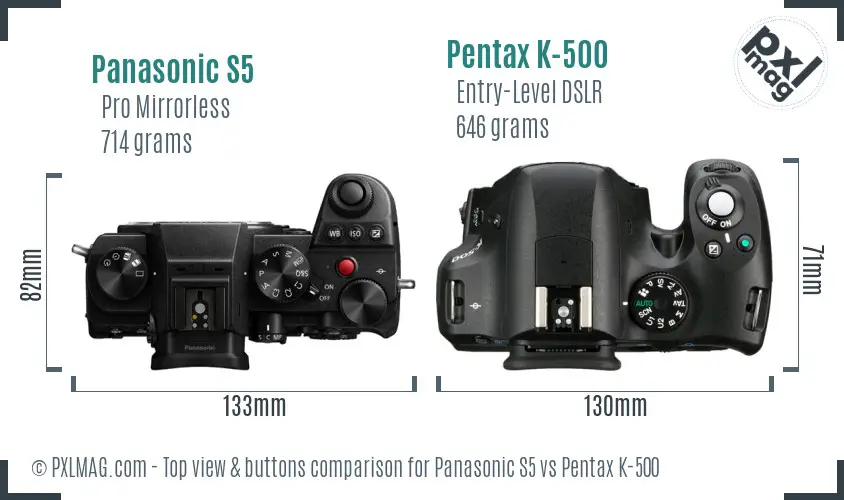 Panasonic S5 vs Pentax K-500 top view buttons comparison
