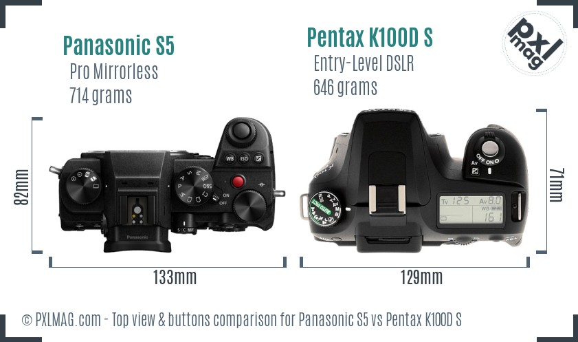 Panasonic S5 vs Pentax K100D S top view buttons comparison