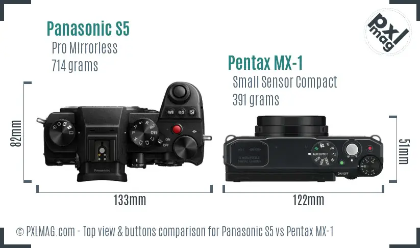 Panasonic S5 vs Pentax MX-1 top view buttons comparison