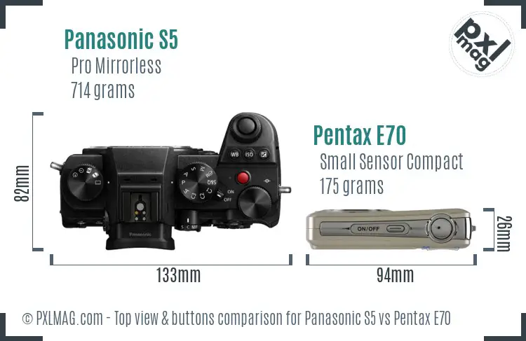 Panasonic S5 vs Pentax E70 top view buttons comparison