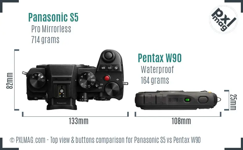 Panasonic S5 vs Pentax W90 top view buttons comparison
