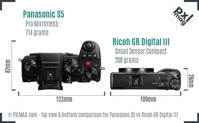 Panasonic S5 vs Ricoh GR Digital III top view buttons comparison