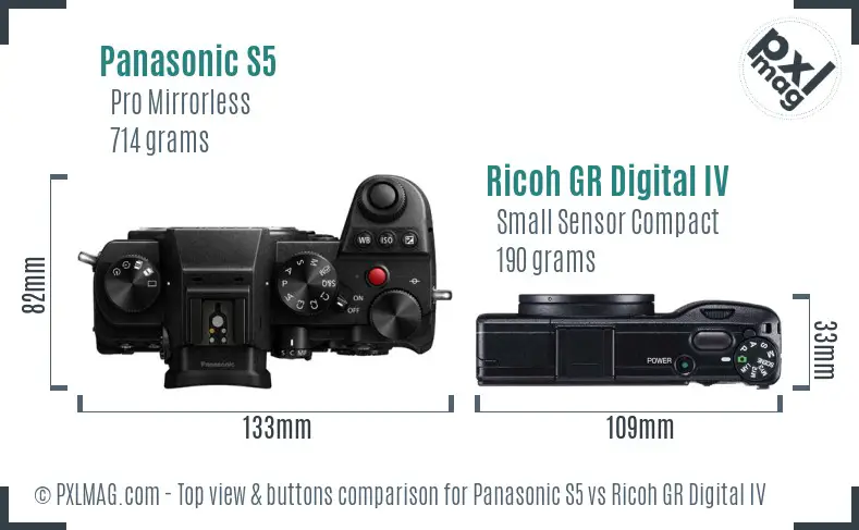 Panasonic S5 vs Ricoh GR Digital IV top view buttons comparison