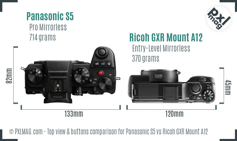 Panasonic S5 vs Ricoh GXR Mount A12 top view buttons comparison Panasonic S5 vs Ricoh GXR Mount A12 top view buttons comparison