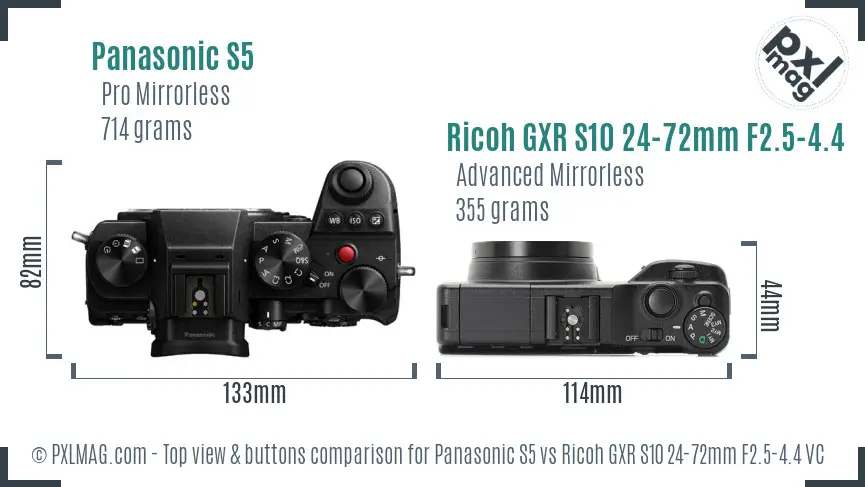 Panasonic S5 vs Ricoh GXR S10 24-72mm F2.5-4.4 VC top view buttons comparison