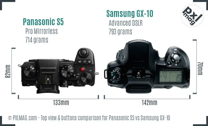 Panasonic S5 vs Samsung GX-10 top view buttons comparison Panasonic S5 vs Samsung GX-10 top view buttons comparison
