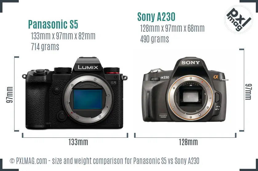 Panasonic S5 vs Sony A230 size comparison