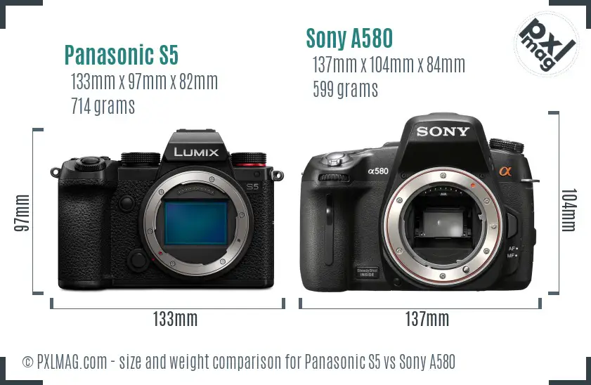 Panasonic S5 vs Sony A580 size comparison