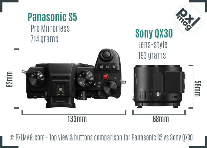 Panasonic S5 vs Sony QX30 top view buttons comparison