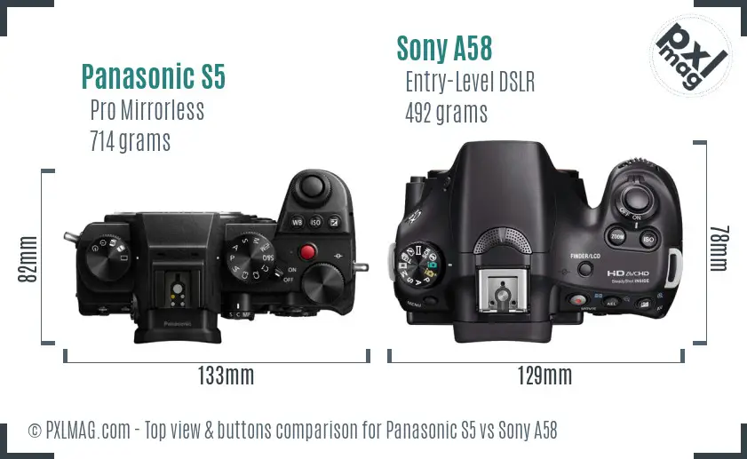 Panasonic S5 vs Sony A58 top view buttons comparison